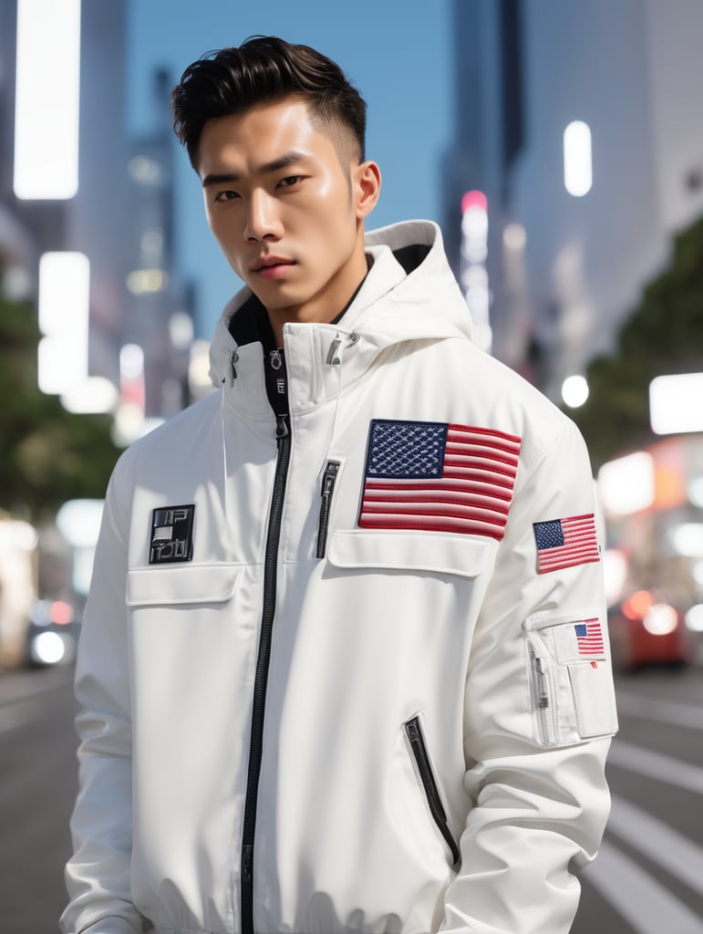 Silver kith jacket, american flag patch, futurist, shot in tokyo at night, shot on leica, fashion portrait, by kith
