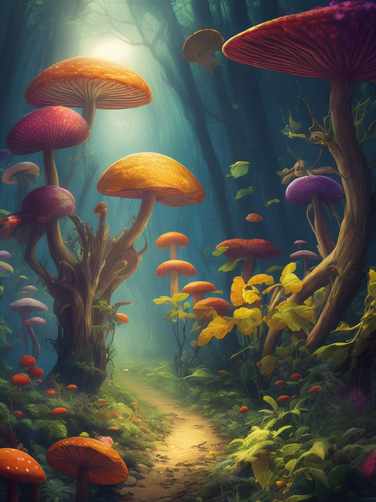 nature, high resolution, very detailed, crowded aliens, weird plants , unrealistic trees, trippy, big colored and translucent mushrooms, glowing mushroom, hallucination, bright colors, surrealism