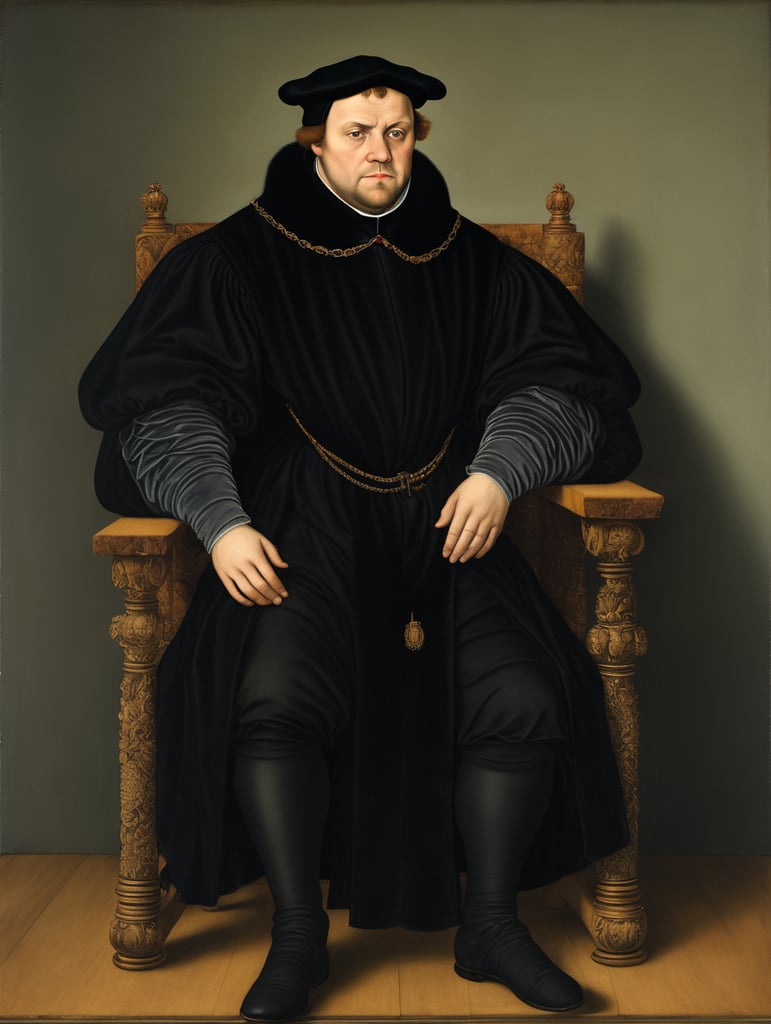 lucas cranach painting, martin luther, full body portrait, sitting on a chair