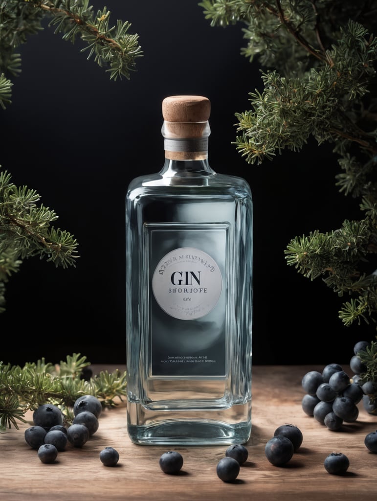 professional photography of a square gin bottle, square bottle, surrounding a juniper and juniper berries, one shot of gin in a front, no label, clear, mockup