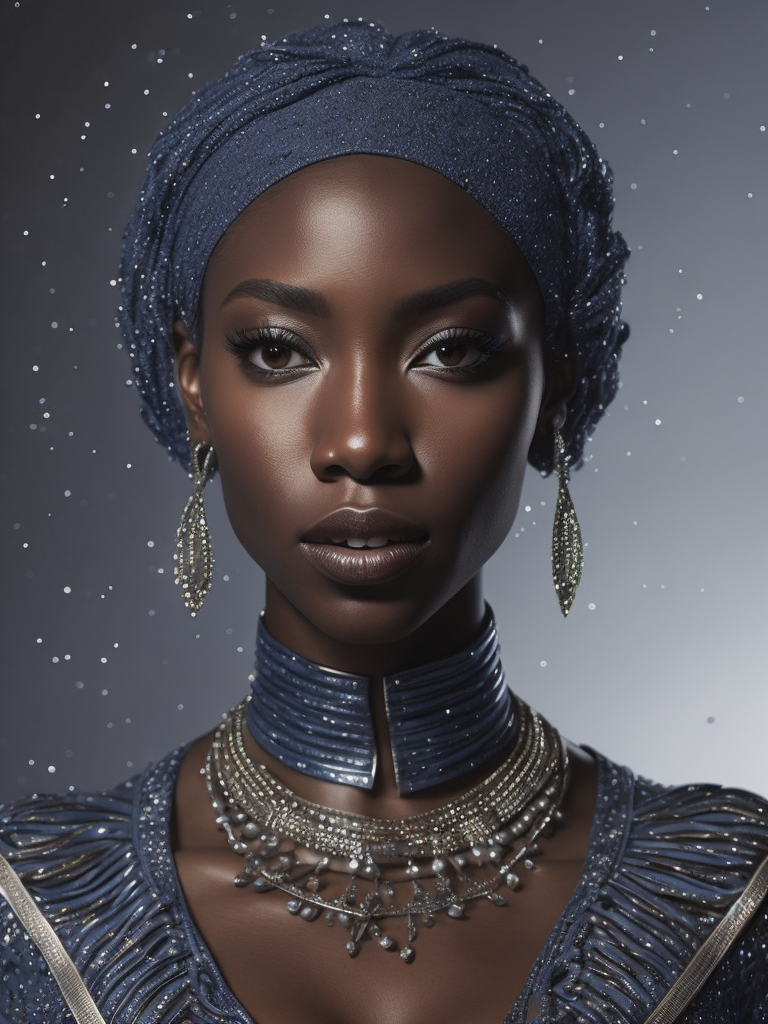 a ed woman in blue and silver looks like she has some white on, in the style of nene thomas, enoch bolles, dark silver and brown, pointillist optical illusions, african influence, hyper-realistic water,