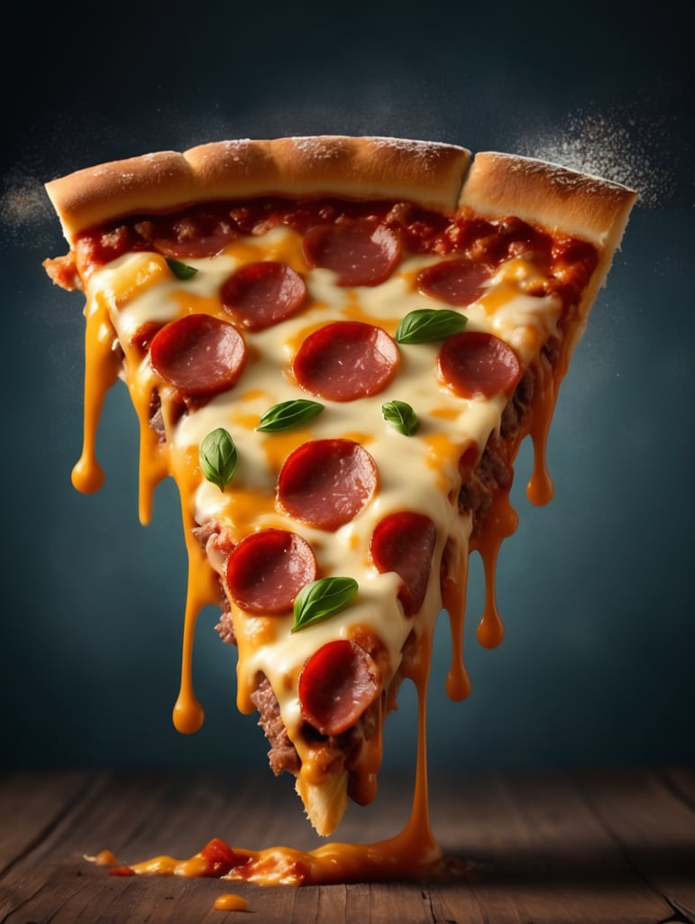 Slice of pizza beef with cheese falling, looking delicious