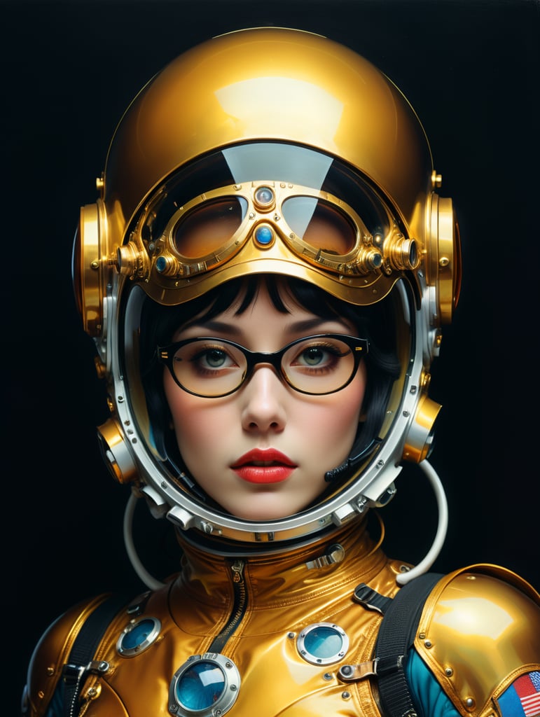 In 1998, abstract fashion photography captured a 1960s astronaut woman in a gold spacesuit with a large helmet and glasses. The art, created by Victor Moscoso and Bridget Riley, used Kodak Ektar 100 film. Carne Griffiths added a touch of magic with fluid art, while artists like Conrad Roset, Ilya Kuvshinov, Mark Fielding, and Zwy Studio emphasized high lights in the eyes. Sergio Lopez and Natalie Shau also contributed to the artwork.