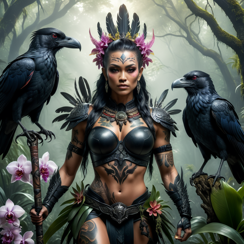 realistic full body shot of female warrior, tattooed, Raven deity with two arms and a raven Head, holding axolotls, long spear, orchids and snakes in trees. She has a Raven Head, powerful, feathers, dressed in tribal tattoos and scales, dramatic lighting, muscular, anatomical, sharp focus, attention to texture lush misty jungle. photo realistic, epic, filmic. Iridescent feather. intense colors shot with Fujifilm XF 56mm f 1.2 R Lens