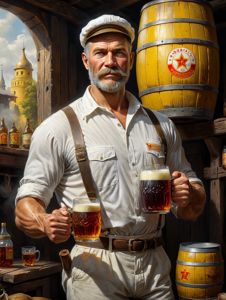 A Soviet man in a white shirt and cap holds a mug of kvass in his hands, a Soviet yellow barrel of kvass can be seen in the background