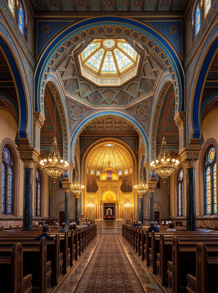 A perfectly symmetrical architectural photograph of a grand Moorish Revival synagogue interior. Dark wooden pews flank a central aisle leading to a glowing golden ark at the vanishing point. The ornate space features intricate cobalt blue and gold painted arches resting on dark marble columns with gilded capitals. Elaborate brass chandeliers hang beneath a vividly patterned ceiling and a central stained-glass skylight, while vibrant arched stained-glass windows illuminate the side aisles in rich, warm light.