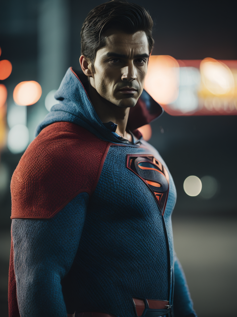 Portrait of a superman in a knitted suit, a blue suit with a red and yellow superman logo on the chest, a city in the background, a blurred background, professional shot, bright saturated colors, sharp focus, highly detailed