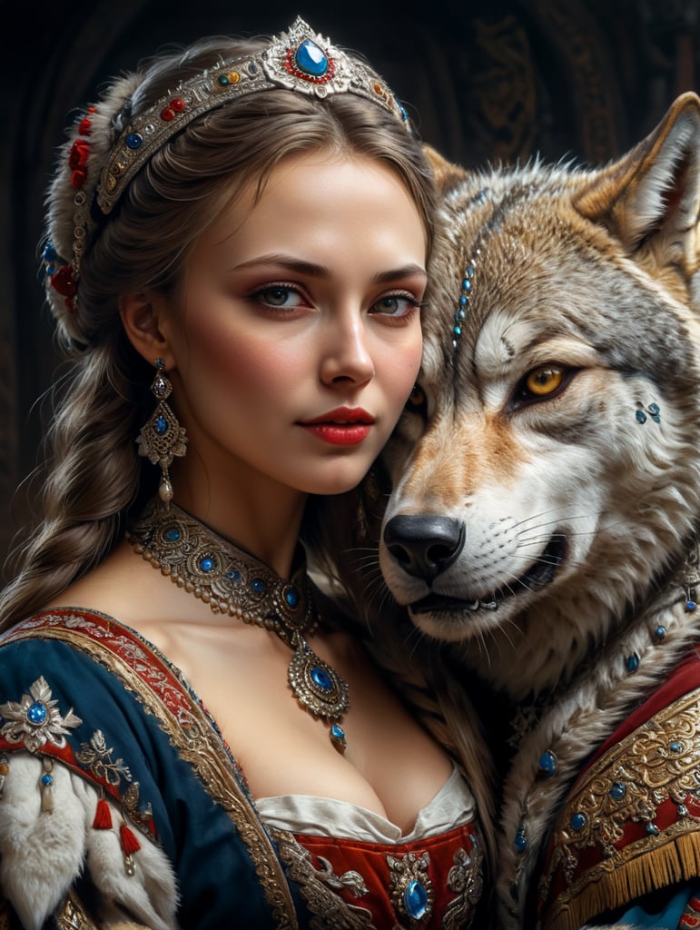 Portrait of a Beautiful women from Russian fairytale wearing traditional costume hugging a wolf