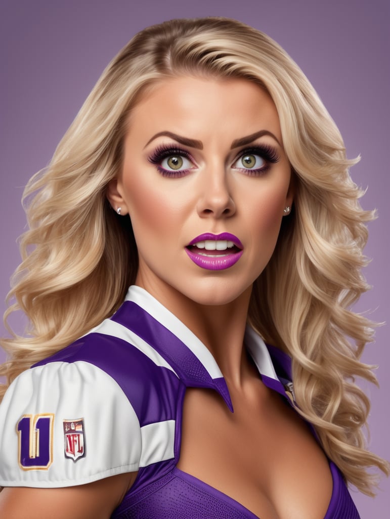 Portrait of a nfl cheerleader looking slightly shocked. Half body. Light purple background. Realistic.