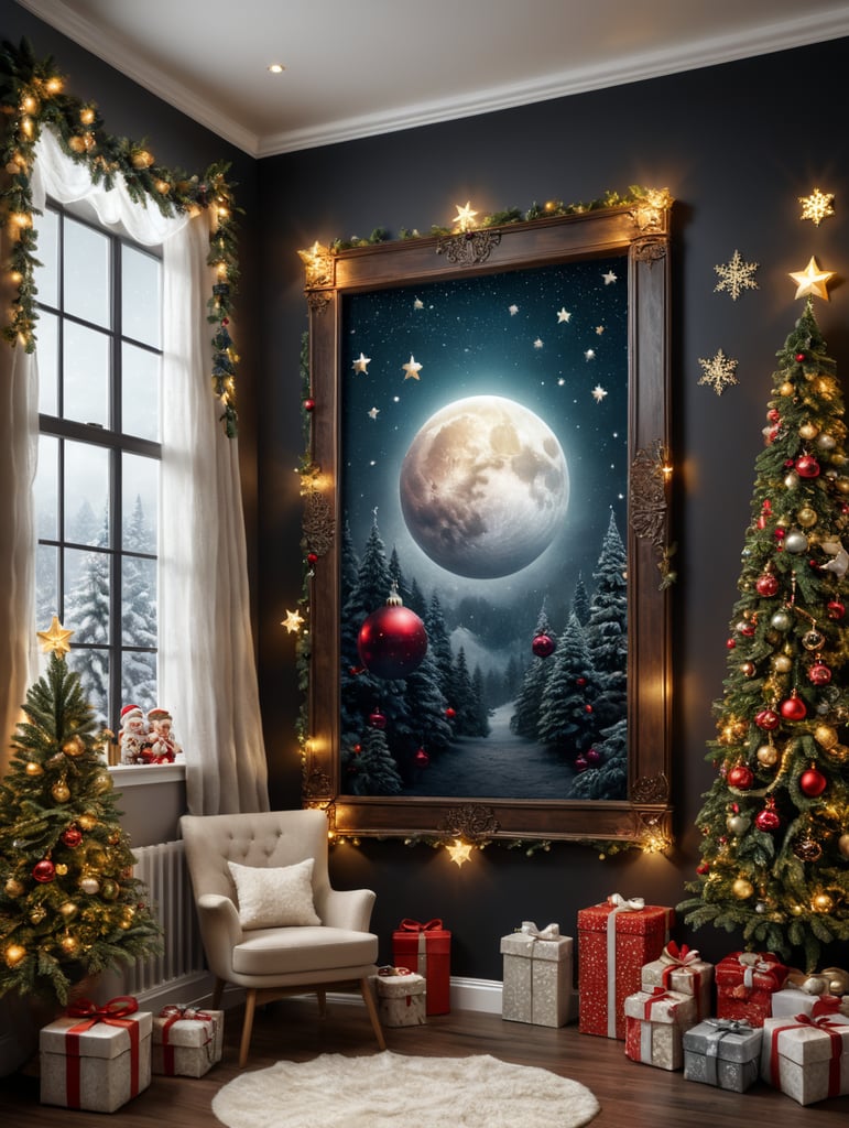 vertical frame wall mockup, nursery with christmas decorations, neutral colors and christmas lights