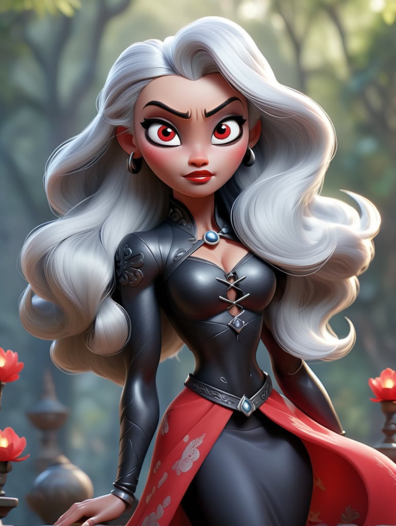 A female drow character with an extremely dark, obsidian black complexion and a muscular fitness physique, in a square format. Her skin is polished obsidian-like, emphasizing her muscular build. Her long, silver hair creates a vivid contrast. Her eyes are vibrant, glowing red. She's adorned in a sleek, black high-slit cheongsam dress with yellow pattern throughout, showcasing her strength and body curves in a detailed, full-body view. The background is a mystical realm with glowing symbols and an underground cavern hint. Her confident, dominant pose highlights her formidable character.