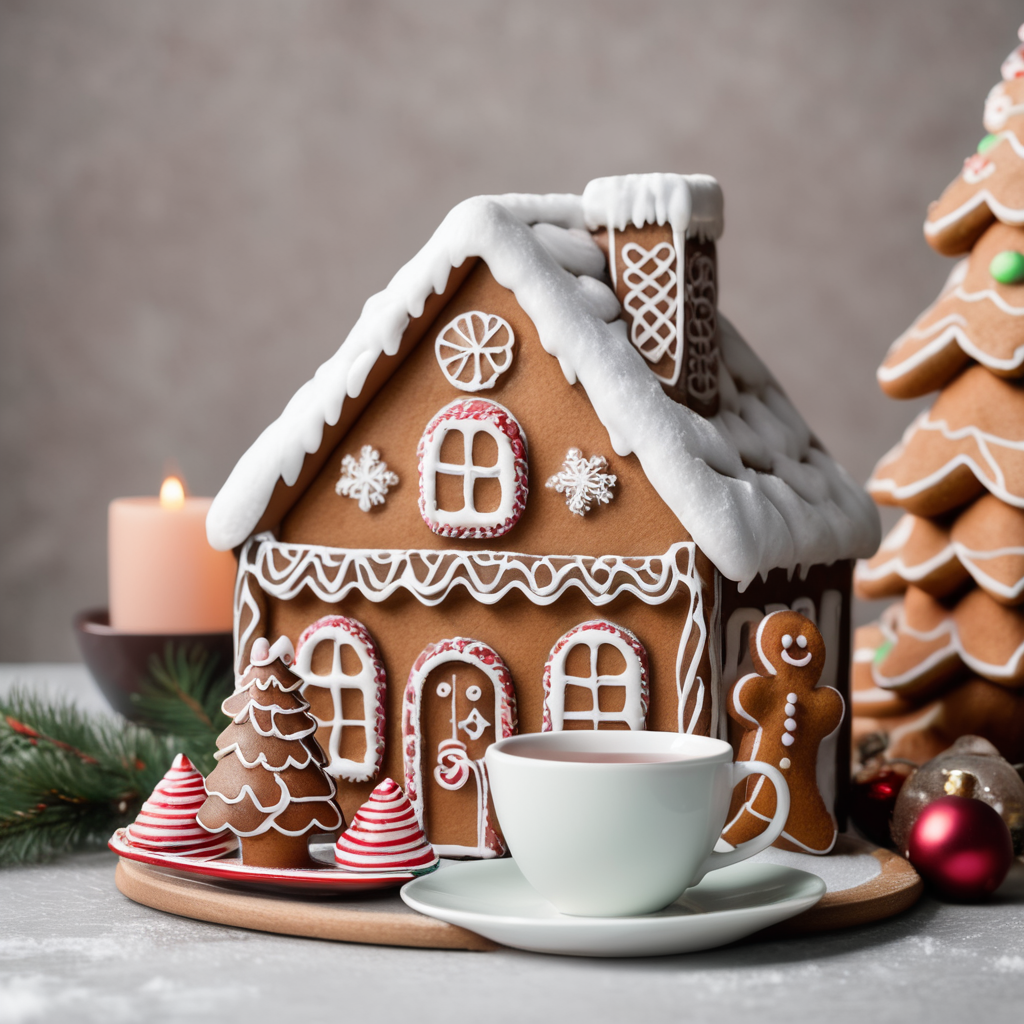 Premium Free ai Images | color gingerbread christmas house with tea cup