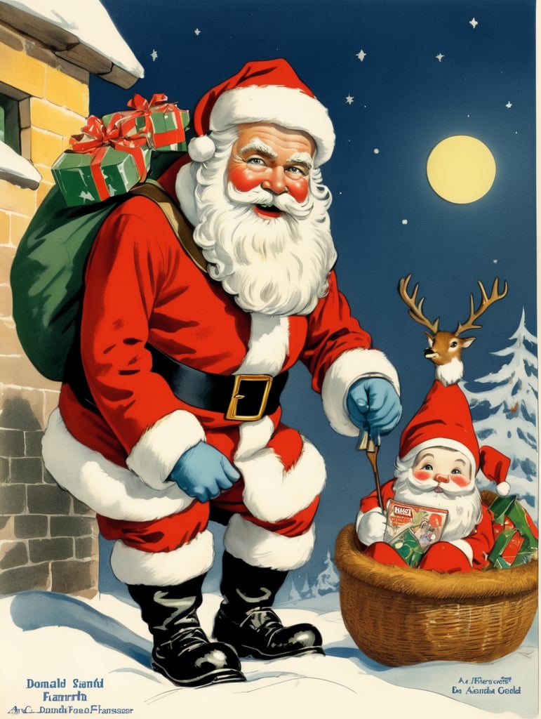 Illustration of a Santa in the style of Donald Fraser Gould McGill and a Bamforth postcard