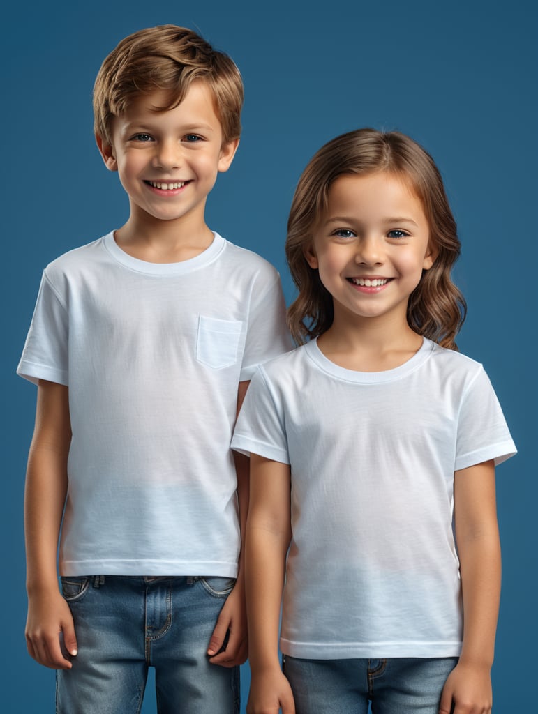 a boy and girl wearing white t-shirts, standing in front of blue background, blank shirts no print, 16 years old smiling toddlers, photo for apparel mock-up