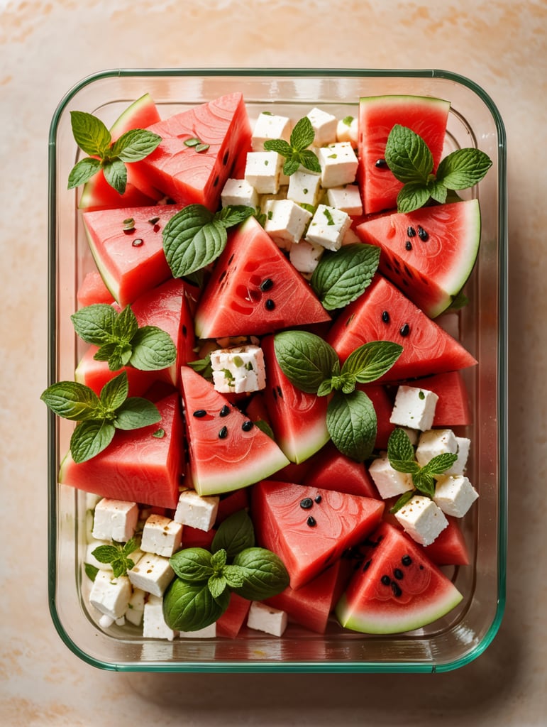 Watermelon Salad with Feta and Mint in a transparent plastic tray, top view, isolated, mockup