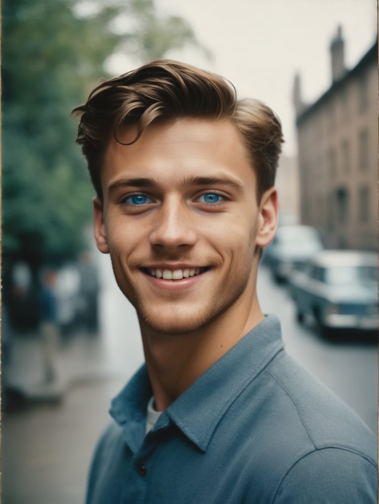Portrait of a smiling young man, twenty years old with brown hair and blue eyes, looking past us, childish, moody atmosphere by Saul Leiter