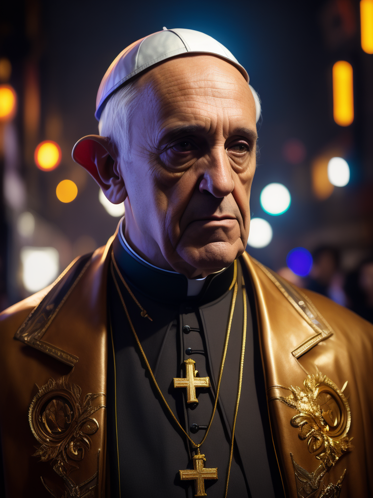 pope francois in front of a night club dressed as a bouncer ultra-realistic