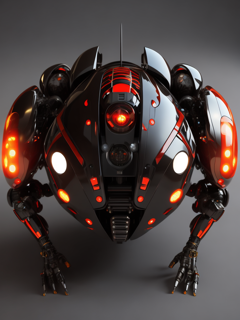 3d cybernetic ladybug robot, shiny materials, carbon fiber, internal red led lights