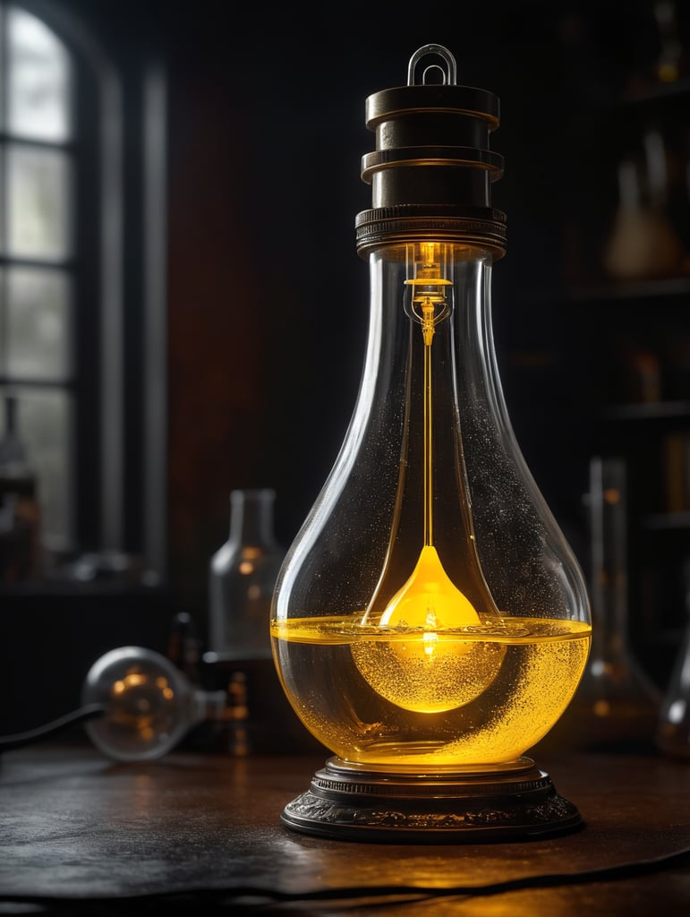 An Erlenmeyer flask tube with a yellow glowing liquid looking like a bulb lamp, black background