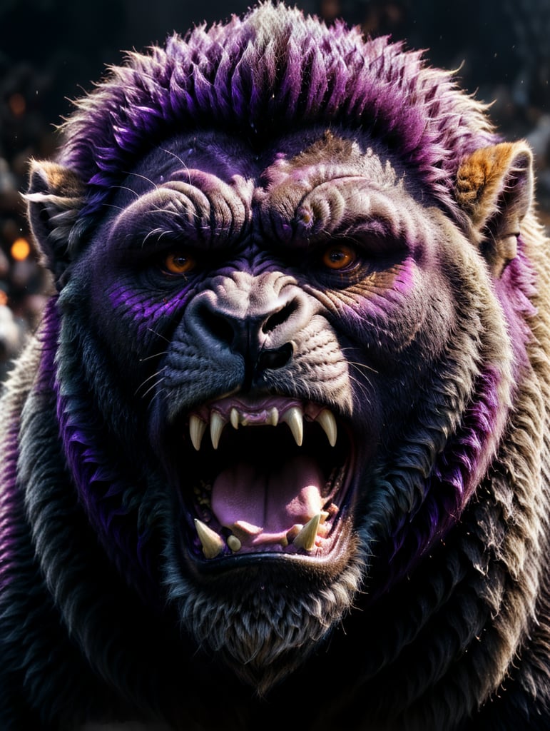 A close-up of the face of a purple gorilla with a lion's mane shouting on white background