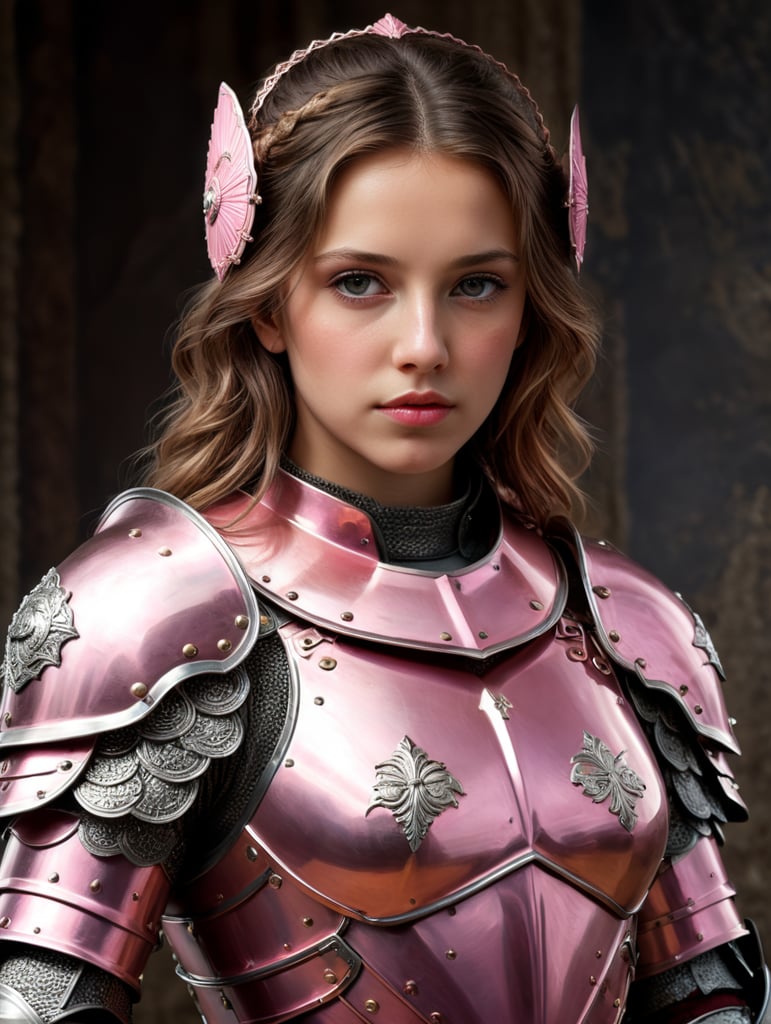 France in the image of a girl dressed in her armor, in the style of photorealistic portraits, pink, dreamy portraits, German art, combines Mexican and American cultures, cinematic elegance, the artist-appropriator.
