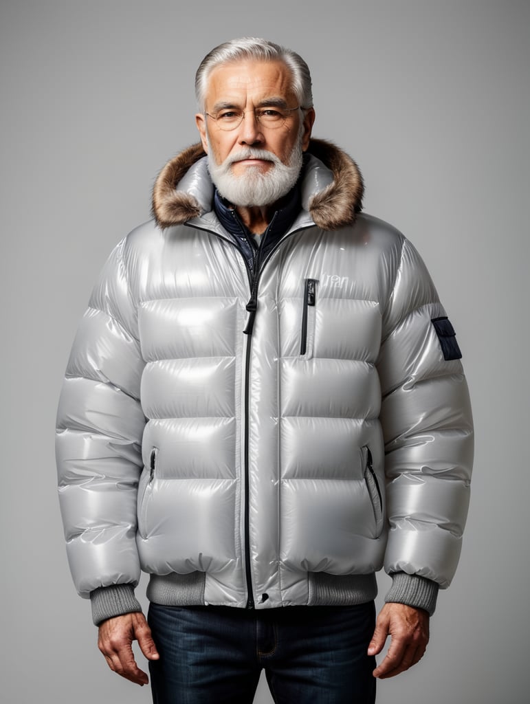 Inflatable white minimalist old man with beard puffer jacket, transparent, isolated, grey background, mockup