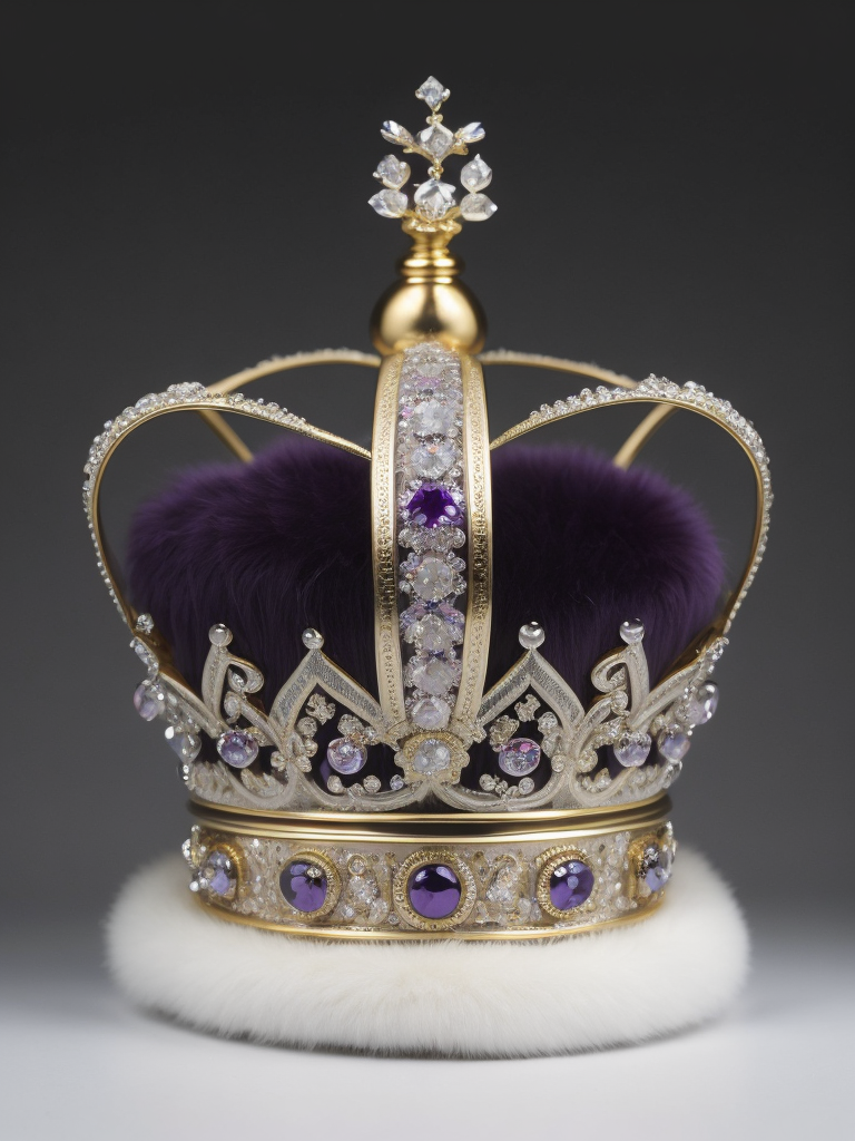 St. Edward’s Gold Crown adorned with gems, Purple velvet, White fox fur, Gray gradient background, Incredibly high detail, deep & bright colors, contrast light