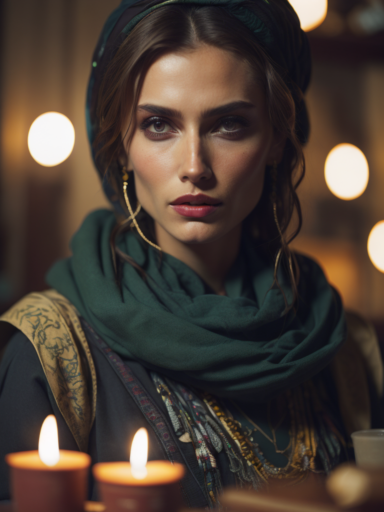 Portrait of a traditional gypsy woman wearing traditional costume with a green scarf on her head, in front of a table with a deck of cards and candles. Bright, saturated colors, elegant, highly detailed, fashion, fashion magazine, sharp focus, bright expressive makeup, dramatic lighting, shallow depth of field, incredibly high detailed blurred background, professional digital painting, concept art