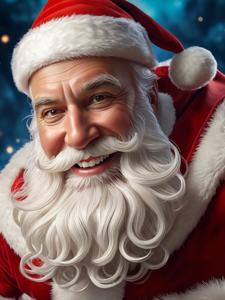 Portrait of Santa Claus smiling, one tooth missing, holdind a white business card, whimsical facial expression, flowing white beard, jolly caricature, saturated colors, red outfit, sharp focus, portrait photography, depth of field, dramatic candlelit lighting, incredibly high detailed, blue background, blurred background,