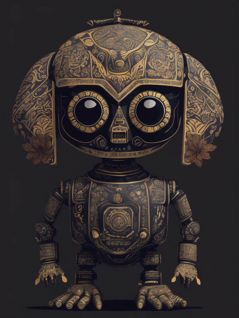 a robot is painted and decorated with flower pattern, in the style of 8k 3d, folk art-inspired illustrations, dark chiaroscuro, intricate and bizarre illustrations, maori art, close up, distinctive character design
