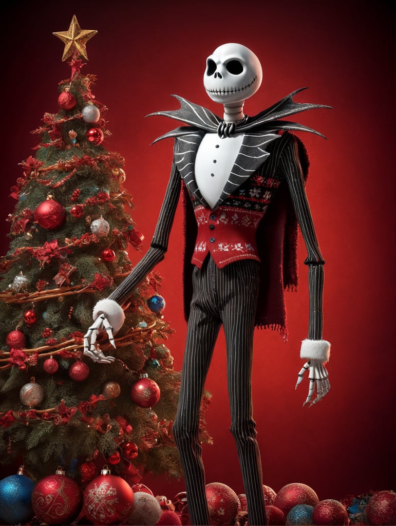 Jack Skellington standing wearing an ugly Christmas sweater red background copy space