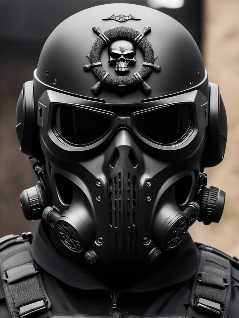 A military operative wearing a skull mask and a military tactical helmet with a hood attached and in black