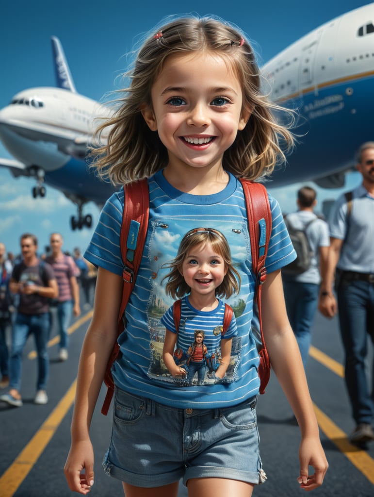 photo happy little girl going to travel, cute girl, Striped T-shirt, blue background, harpers bizarre, cover, headshot, hyper realistic