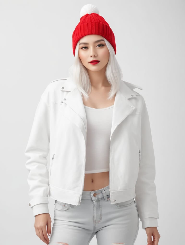 a young women with white hair and red hat on his head is wearing a white lacket, isolated, white background