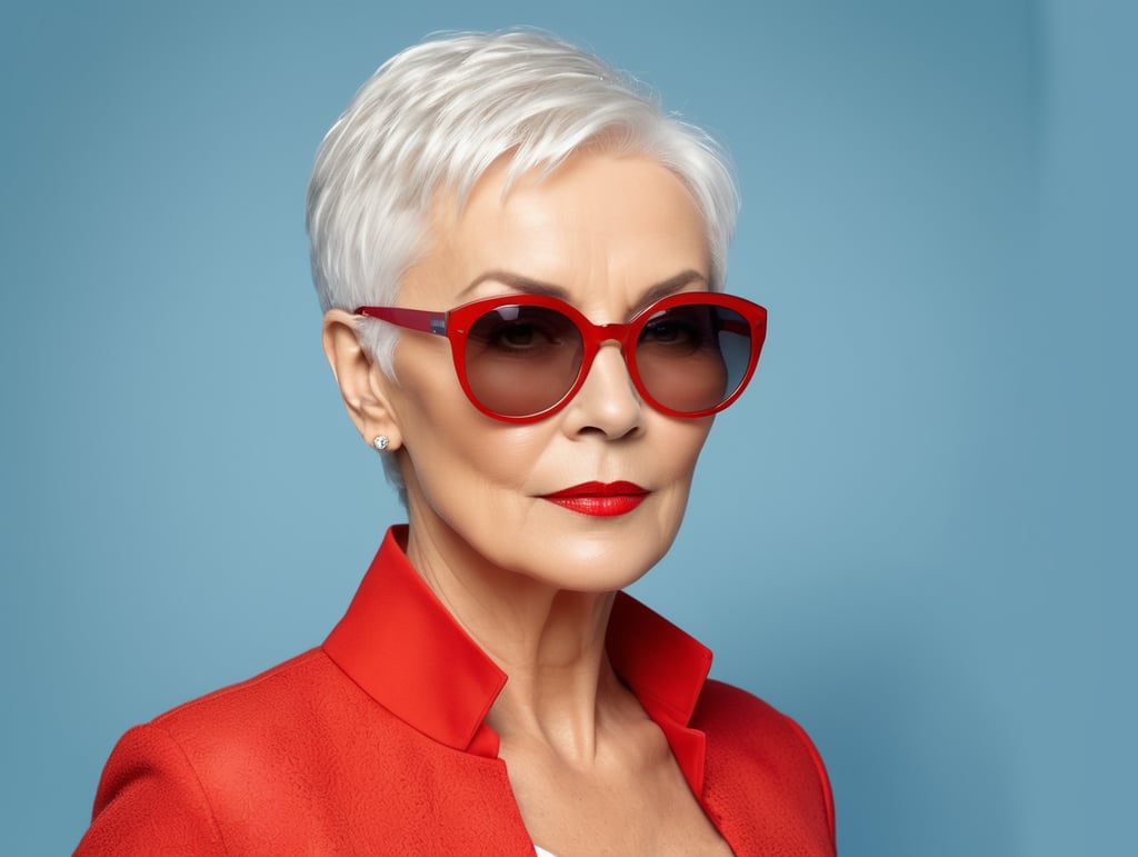 A portrait of a beautiful English older woman with white platinum short hair and big sunglasses, dressed all red, blue background, big cleavage, glamorous London portrait, highly realistic, women designer, very fashionable, colourful