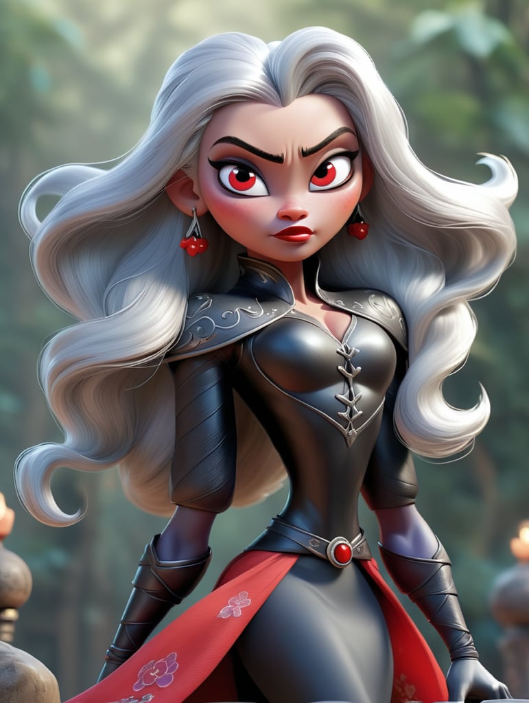 A female drow character with an extremely dark, obsidian black complexion and a muscular fitness physique, in a square format. Her skin is polished obsidian-like, emphasizing her muscular build. Her long, silver hair creates a vivid contrast. Her eyes are vibrant, glowing red. She's adorned in a sleek, black high-slit cheongsam dress with yellow pattern throughout, showcasing her strength and body curves in a detailed, full-body view. The background is a mystical realm with glowing symbols and an underground cavern hint. Her confident, dominant pose highlights her formidable character.