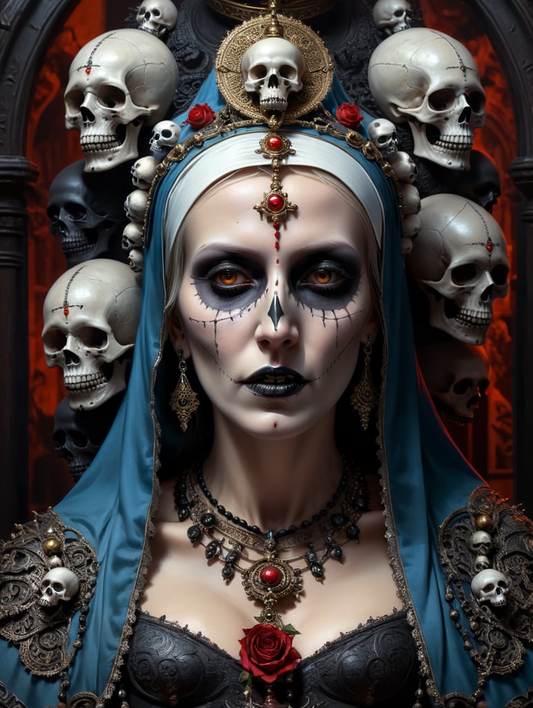 Virgin Mary with goth makeup and skulls