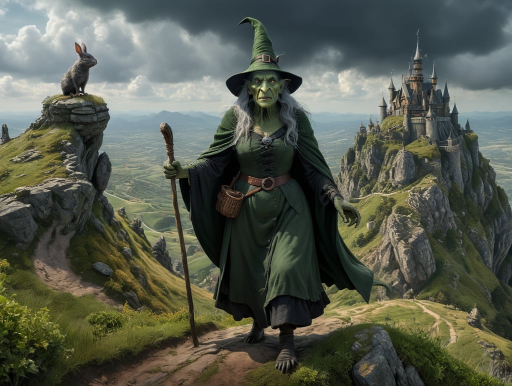 An old witch dressed in dark green, ugly with a big nose and warts, crooked back viewed from the front, one grey rat by her feet. Standing on a hill top with her arms raised towards the sky. Viewed from behind.