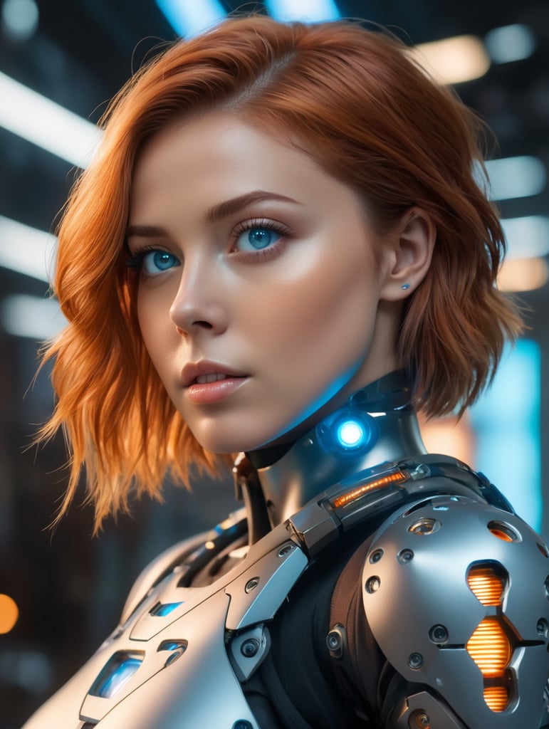 film grain, high quality, warm colors, colorful, OverallDetail, volumetric lighting, backlight, rim light, 1 girl, adult woman, light blue eyes, auburn drill hair, solo, upper body, looking up, detailed background, detailed face, (glasstech, glass theme), android, biomechanical limbs, advanced technology, head tilted, sleek design, steel, nanobots, electronics, techwear, powered by fire, energy pulse, neon colors, cables in background, cinematic atmosphere,