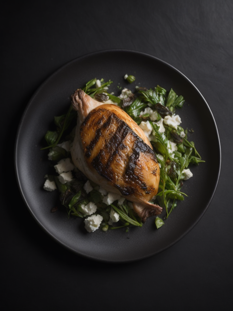 Chicken and Goat Cheese dish, photo, top view, dark plate, dark table