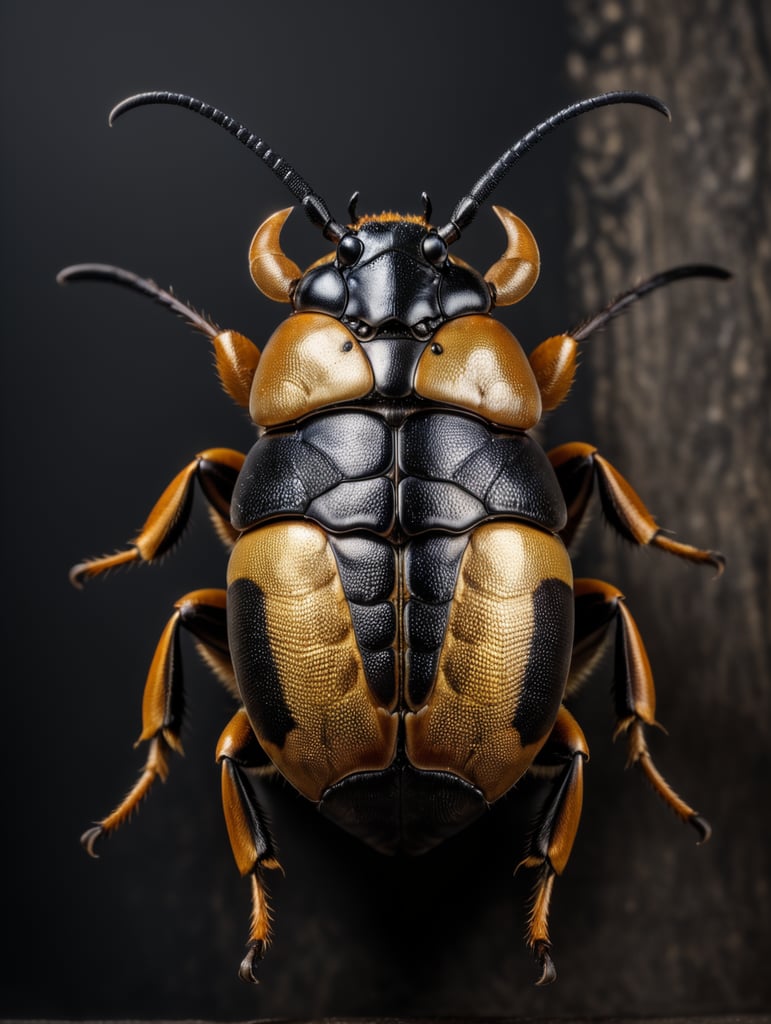 beautiful Goliath beetle, metallic, dark black background, incredibly detailed, overhead view, vibrant, dramatic lighting