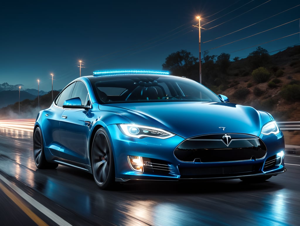 focusing on the front part of the car and the headlights, render a highly detailed, clean, tesla car speeding on highway from right to left with blue neon lights, blue headlights and light blue neon trails