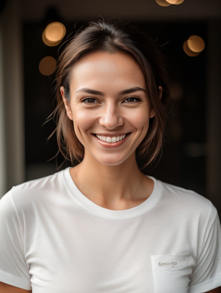 realistic portrait photography of a woman in white t shirt smiling into the camera