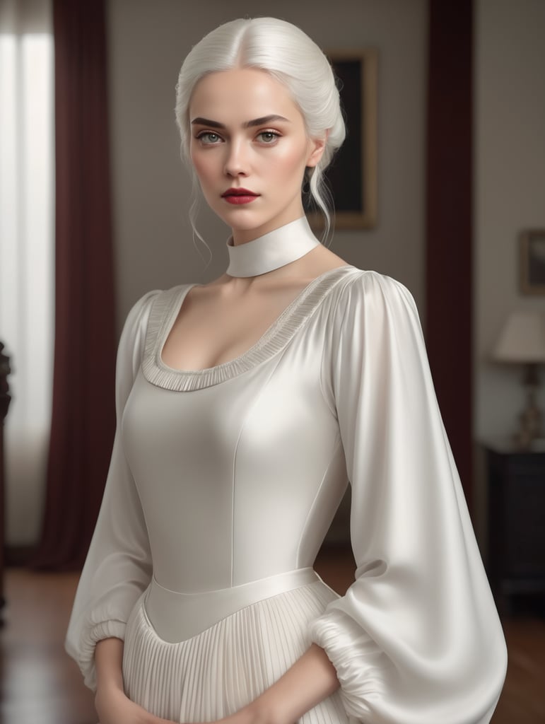 a woman 5 feet 7 inches, thin woman, with very white skin, white eyebrows, white hair, reddish eyes, wearing a black Armani dress Long dress in pleated jersey in a room from the 1500s where everything is white, her serious gaze towards the camera, the photo was developed with a hasselblad camera {next generation of female} ISO 3000, Photo realistic, 32K, {IN THE STYLE OF MINIMALIST SURREALISM}