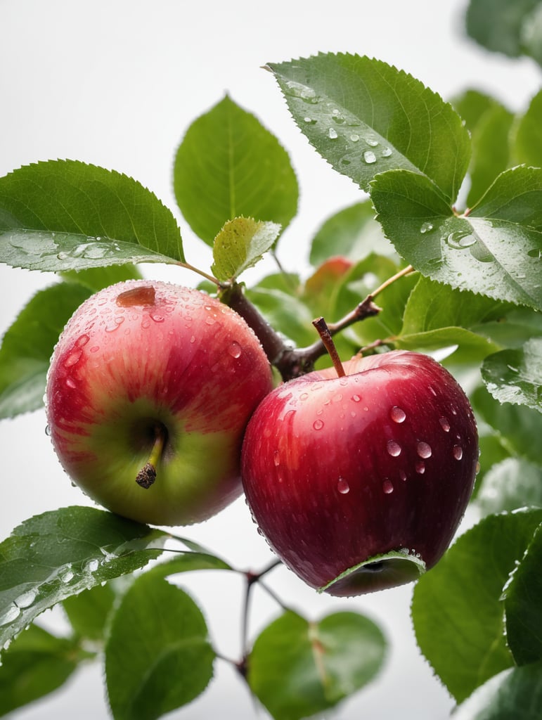 red apple with water drops on white background green leaves around closeup