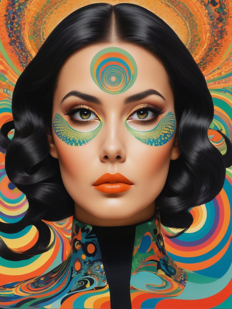 environment map, abstract 1998 air hostess poster, portrait of thick shiny black wavy hair, dramatic makeup , intricate stunning highly detailed, abstract, kaleidoscopic, trippy, 60s style, op art, bright colors, swirling patterns, hypnotic, art by Victor Moscoso and Bridget Riley by sachin teng x supreme