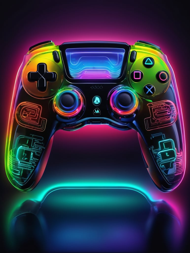 Design a futuristic, neon-colored gaming controller in the style of a playstation controller, glowing neon, semitransparent, deep vibrant colors, high details