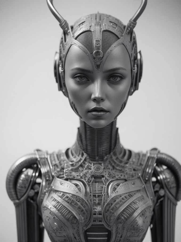 Female robot, Giger style, black and white, high contrast, metal face, many details, slim, stylized body