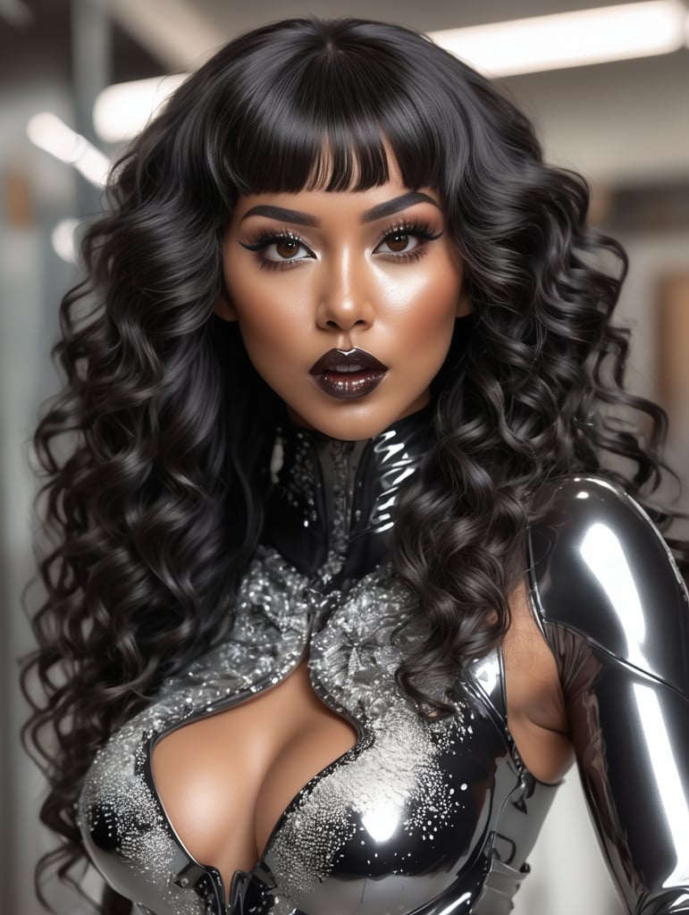 shiny reflective black metal lips with long black curly hair, hair bangs, 3d, silver shiny nails, 3d light silver paint splatters everywhere, brown reflective skin, long eyelashes , cybernetic eyes, latex bodysuit, full body, high heels, hyper realistic, open mouth