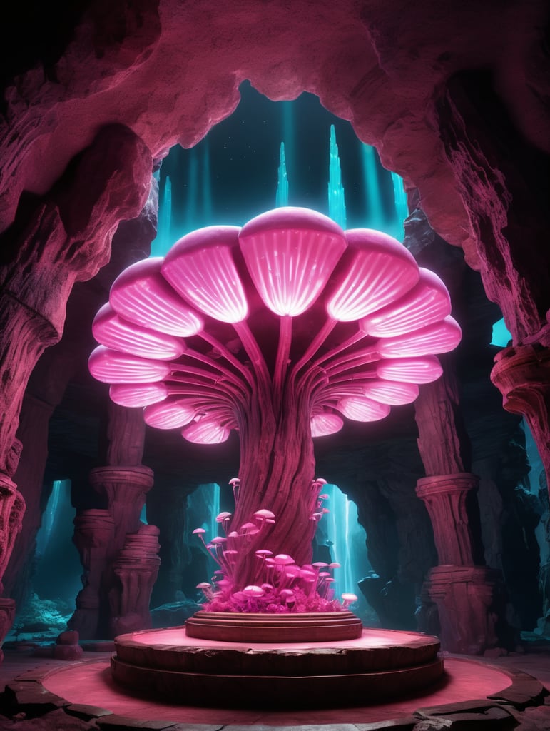 dark cave, luminescent mushrooms grow from below, stalagmites grow from above on the ceiling, on the background, in the middle on a natural pedestal levitates an electronic tablet tablet, which emits neon lighting, in which you can see a dashboard and a program for earning money - this is the main element of the composition, around it a small number of glowing pink crystals - symbolizing earnings, on the ceiling on the background hangs down head down a flying mouse with wings spread out